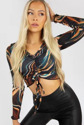 Black Marble  Print  Ribbed  Ruched  Crop  Top