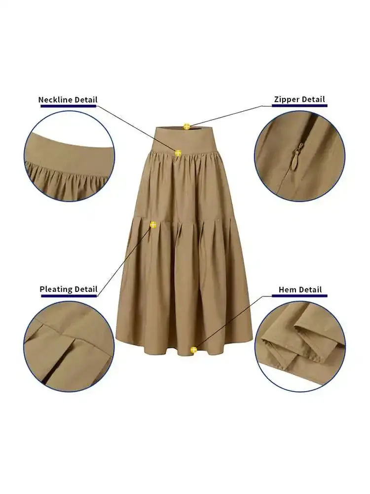 LVSANW Celmia Fashion Women High Waist Skirt Korean Pleated A-line Party Skirt 2024 Autumn Casual Loose Holiday Zipper Solid Midi Skirt