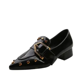 Pre Order:  Retro Pointed Toe Rivet Thick Heel Loafers