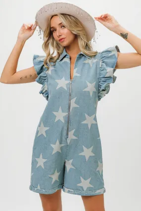 Ruffled Star Half Zip Denim Romper