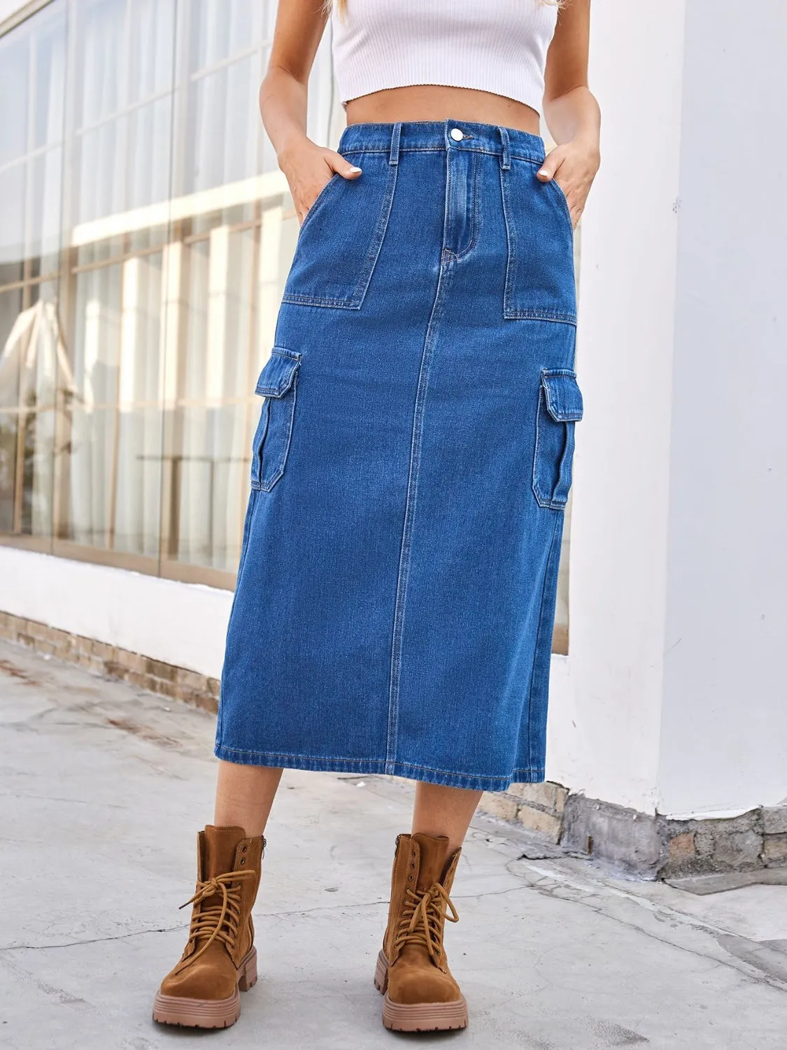 Slit Midi Denim Skirt with Pockets